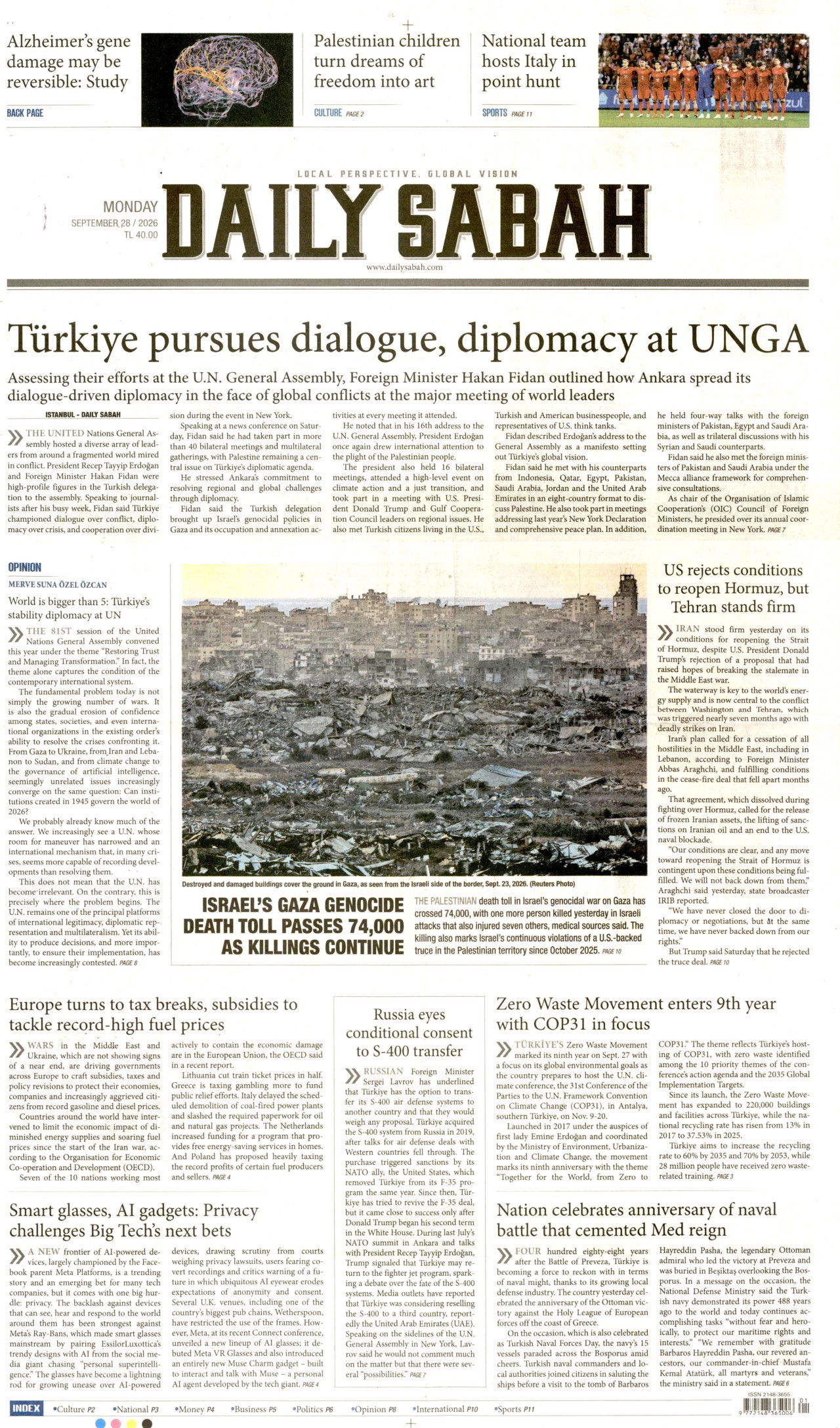 DAİLY SABAH gazetesinin 28 Eylül 2026 tarihli birinci sayfası