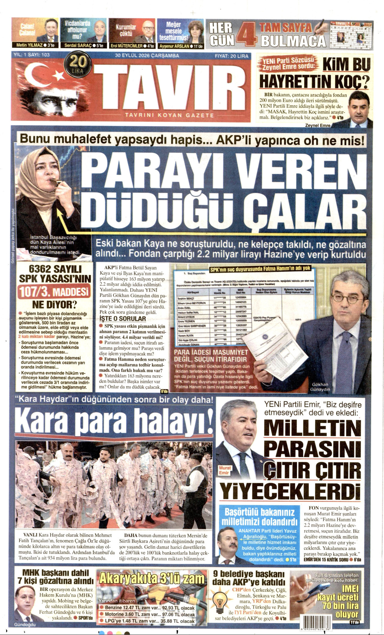 TAVIR GAZETESİ gazetesinin 30 Eylül 2026 tarihli birinci sayfası